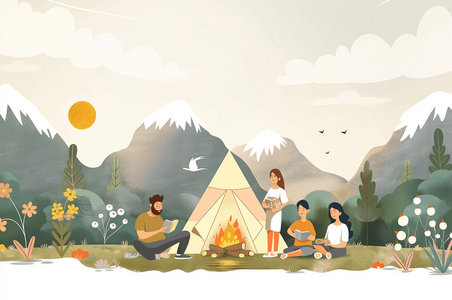 Illustrated scene with family around campfire